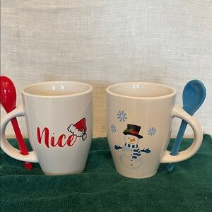 Festive Holiday Mug Set with Spoons - Snowman and naughty/ Nice Design